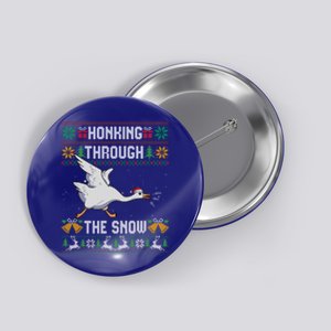 Honking Through The Snow Funny Goose Ugly Christmas Sweater Gift Button