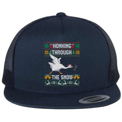 Honking Through The Snow Funny Goose Ugly Christmas Sweater Gift Flat Bill Trucker Hat