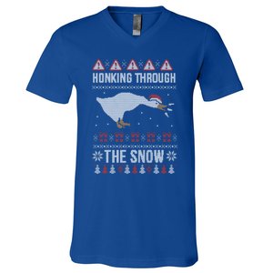 Honking Through The Snow Funny Goose Ugly Christmas Gift V-Neck T-Shirt