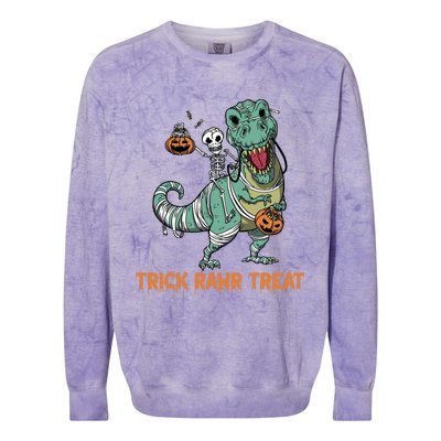 Halloween Trex Tgiftrex Trick Rawr Treat Funny Dinosaur Mummy Gift Colorblast Crewneck Sweatshirt