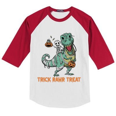 Halloween Trex Tgiftrex Trick Rawr Treat Funny Dinosaur Mummy Gift Kids Colorblock Raglan Jersey