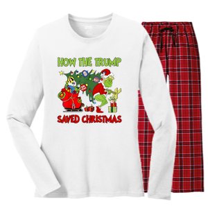 How The Trump Saved Christmas Funny Trump Christmas 2024 Women's Long Sleeve Flannel Pajama Set 