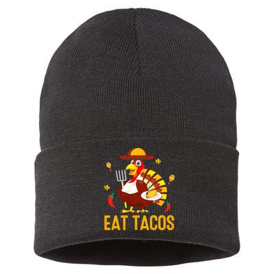 Happy Thanksgiving Turkey Day Turkey Eat Tacos Funny Sustainable Knit Beanie