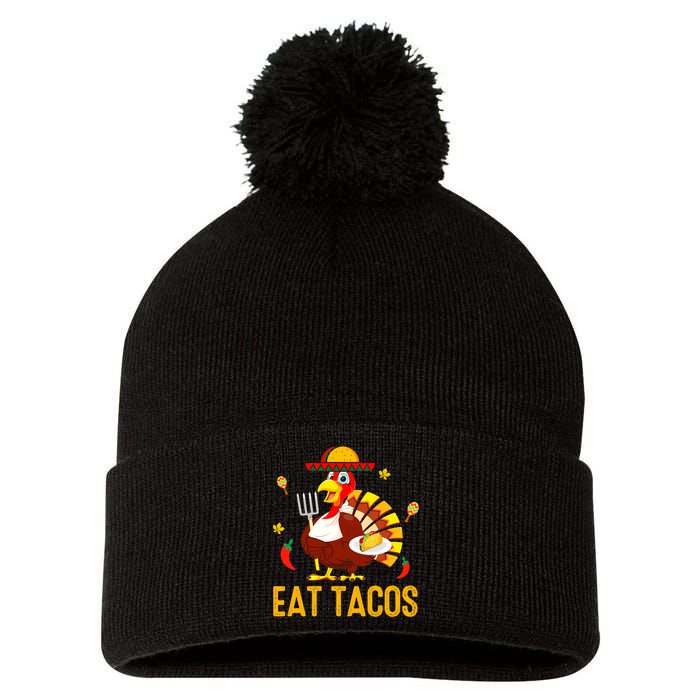 Happy Thanksgiving Turkey Day Turkey Eat Tacos Funny Pom Pom 12in Knit Beanie