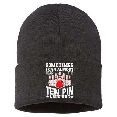 Hear The Ten Pin Laughing Fun Bowling Player Bowler Graphic Funny Gift Sustainable Knit Beanie