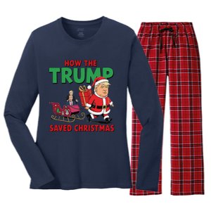 How The Trump Saved Christmas Funny Trump Christmas 2024 Women's Long Sleeve Flannel Pajama Set 