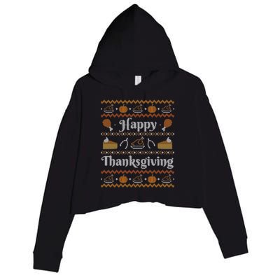 Happy Thanksgiving Ugly Sweater Style Happy Holiday Funny Crop Fleece Hoodie