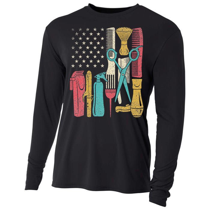 Hairstylist Tools Usa Flag Haircutter Barber Hairdresser Cooling Performance Long Sleeve Crew