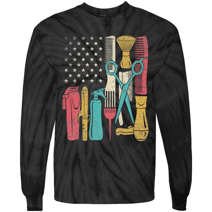 Hairstylist Tools Usa Flag Haircutter Barber Hairdresser Tie-Dye Long Sleeve Shirt