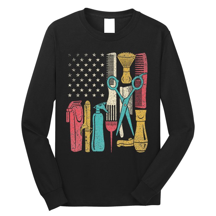 Hairstylist Tools Usa Flag Haircutter Barber Hairdresser Long Sleeve Shirt