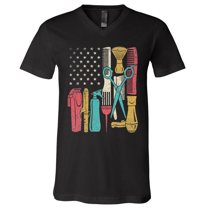 Hairstylist Tools Usa Flag Haircutter Barber Hairdresser V-Neck T-Shirt