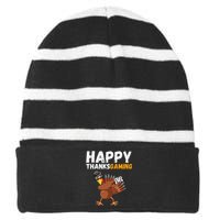 Happy Thanksgiving Video Game Dabbing Turkey Pilgrim Striped Beanie with Solid Band