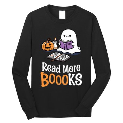 Halloween Teacher Women Cute Reading Ghost Read More Books Long Sleeve Shirt
