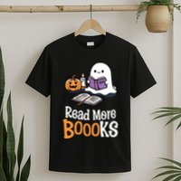 Halloween Teacher Women Cute Reading Ghost Read More Books T-Shirt