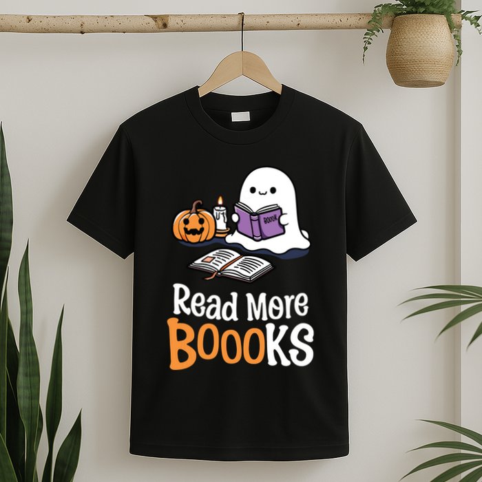 Halloween Teacher Women Cute Reading Ghost Read More Books T-Shirt