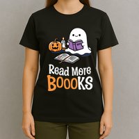 Halloween Teacher Women Cute Reading Ghost Read More Books T-Shirt