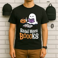 Halloween Teacher Women Cute Reading Ghost Read More Books T-Shirt