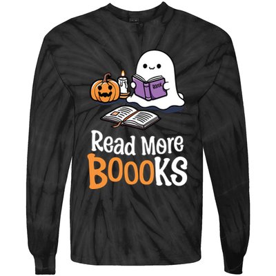 Halloween Teacher Women Cute Reading Ghost Read More Books Tie-Dye Long Sleeve Shirt
