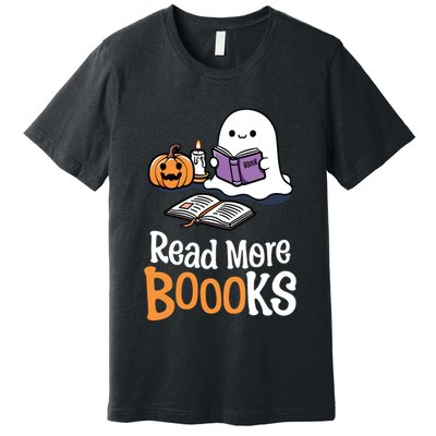 Halloween Teacher Women Cute Reading Ghost Read More Books Premium T-Shirt