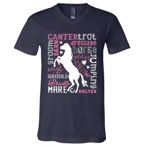 Horse Typography Word Art Equestrian Horseback Riding V-Neck T-Shirt