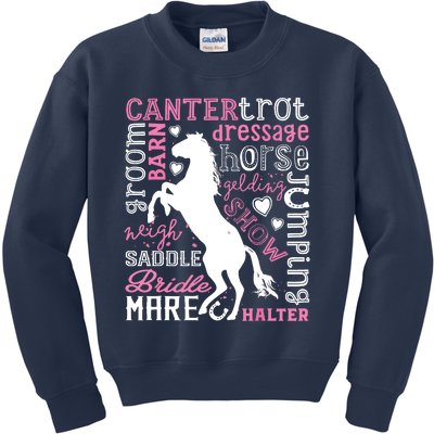 Horse Typography Word Art Equestrian Horseback Riding Kids Sweatshirt