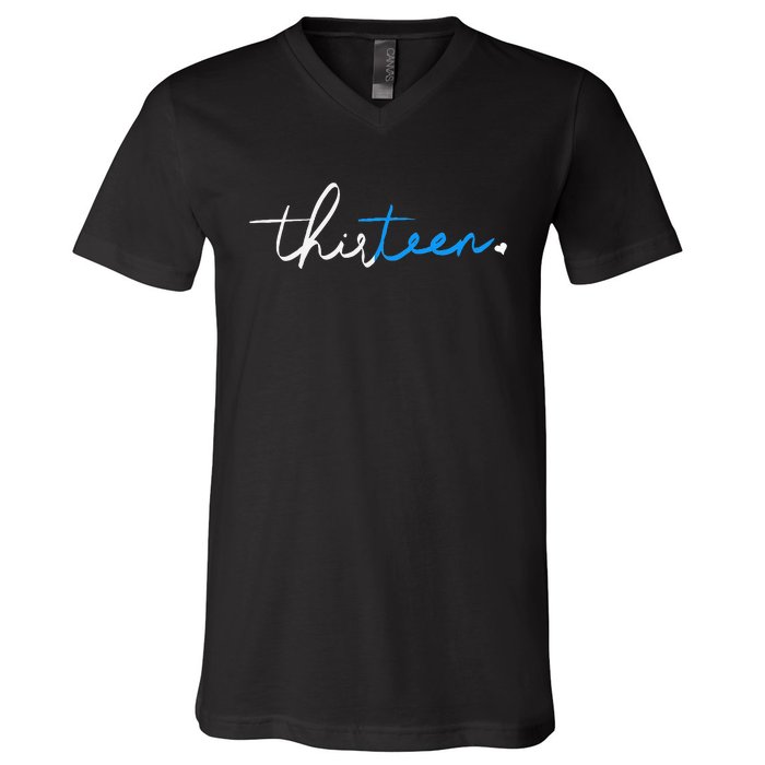 Handwritten Thirteen White And Blue V-Neck T-Shirt