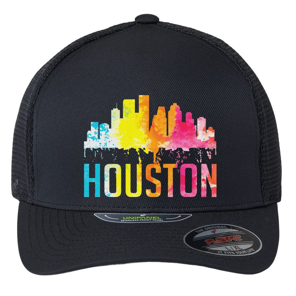 Houston Texas Watercolor Skyline Home State Souvenir Gift Flexfit Unipanel Trucker Cap