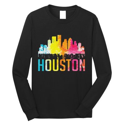 Houston Texas Watercolor Skyline Home State Souvenir Gift Long Sleeve Shirt