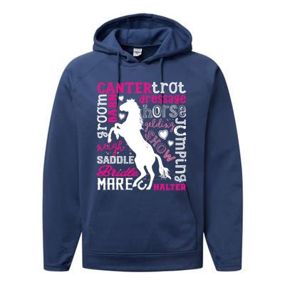 Horse Typography Word Art Girls Horseback Riding Equestrian T Performance Fleece Hoodie