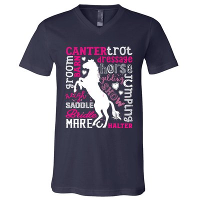 Horse Typography Word Art Girls Horseback Riding Equestrian T V-Neck T-Shirt