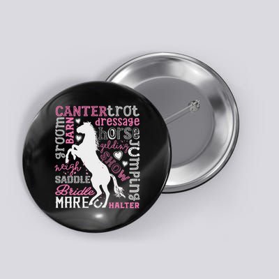 Horse Typography Word Art Horseback Riding Equestrian Button