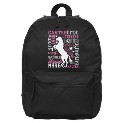 Horse Typography Word Art Horseback Riding Equestrian 16 in Basic Backpack