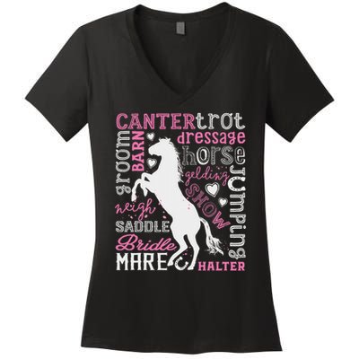 Horse Typography Word Art Horseback Riding Equestrian Women's V-Neck T-Shirt