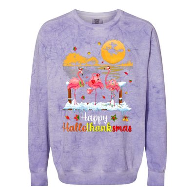 Halloween Thanksgiving Xmas Happy Hallo Thanksmas Flamingo Colorblast Crewneck Sweatshirt