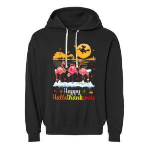 Halloween Thanksgiving Xmas Happy Hallo Thanksmas Flamingo Garment-Dyed Fleece Hoodie