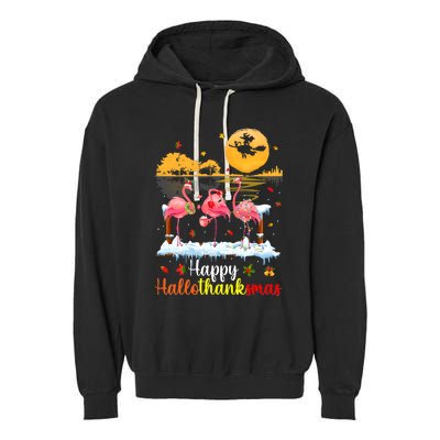 Halloween Thanksgiving Xmas Happy Hallo Thanksmas Flamingo Garment-Dyed Fleece Hoodie