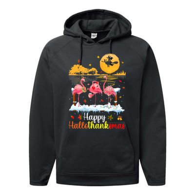 Halloween Thanksgiving Xmas Happy Hallo Thanksmas Flamingo Performance Fleece Hoodie