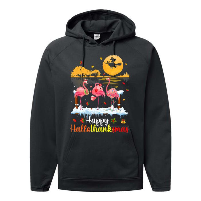 Halloween Thanksgiving Xmas Happy Hallo Thanksmas Flamingo Performance Fleece Hoodie