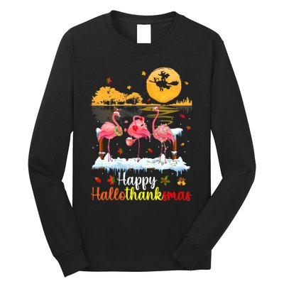 Halloween Thanksgiving Xmas Happy Hallo Thanksmas Flamingo Long Sleeve Shirt