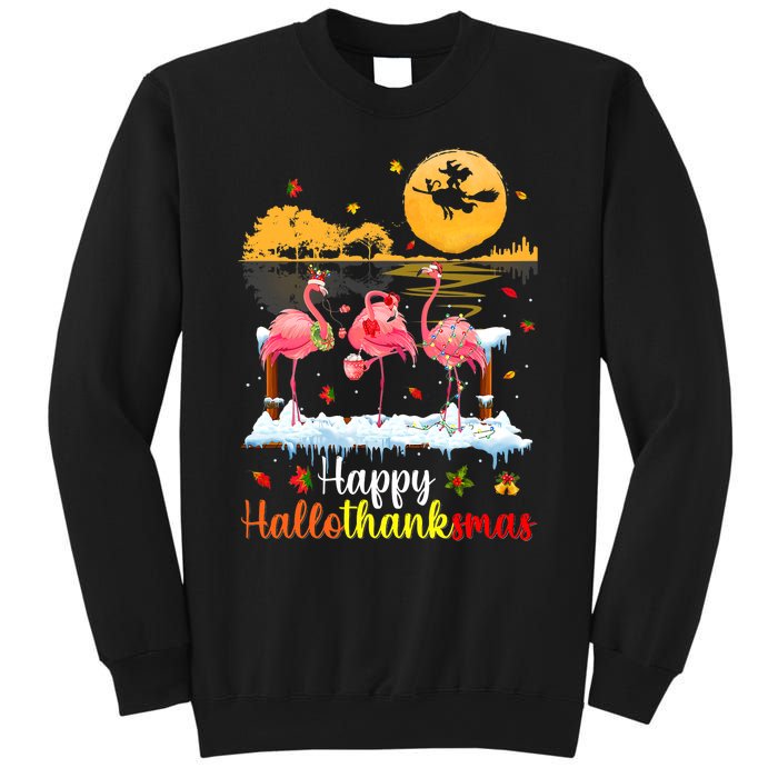 Halloween Thanksgiving Xmas Happy Hallo Thanksmas Flamingo Sweatshirt