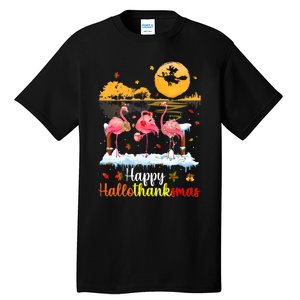 Halloween Thanksgiving Xmas Happy Hallo Thanksmas Flamingo Tall T-Shirt