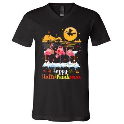 Halloween Thanksgiving Xmas Happy Hallo Thanksmas Flamingo V-Neck T-Shirt