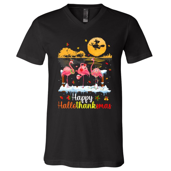 Halloween Thanksgiving Xmas Happy Hallo Thanksmas Flamingo V-Neck T-Shirt