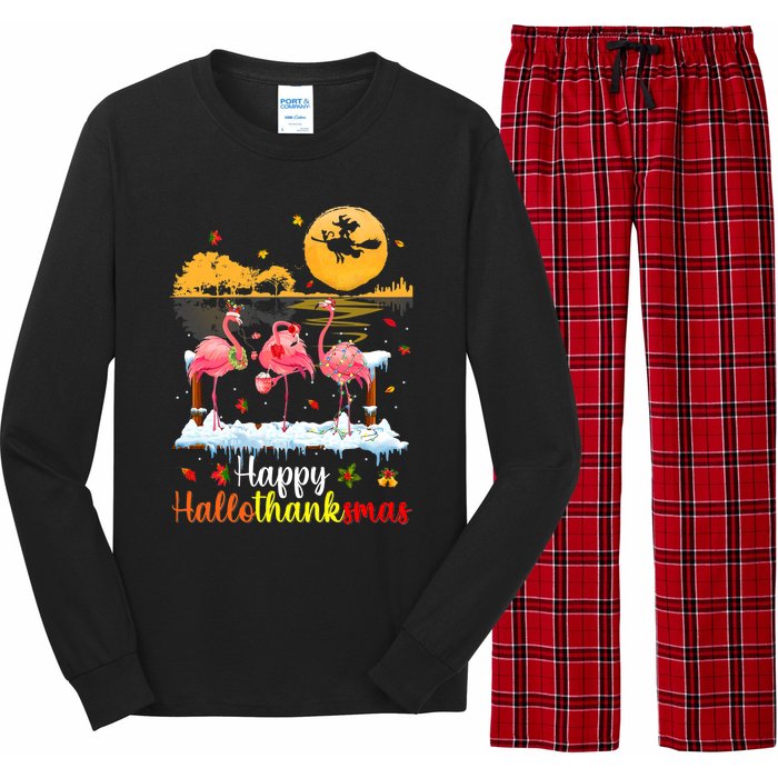 Halloween Thanksgiving Xmas Happy Hallo Thanksmas Flamingo Long Sleeve Pajama Set