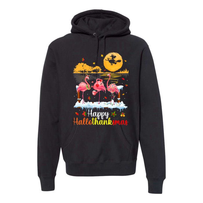 Halloween Thanksgiving Xmas Happy Hallo Thanksmas Flamingo Premium Hoodie