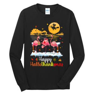 Halloween Thanksgiving Xmas Happy Hallo Thanksmas Flamingo Tall Long Sleeve T-Shirt