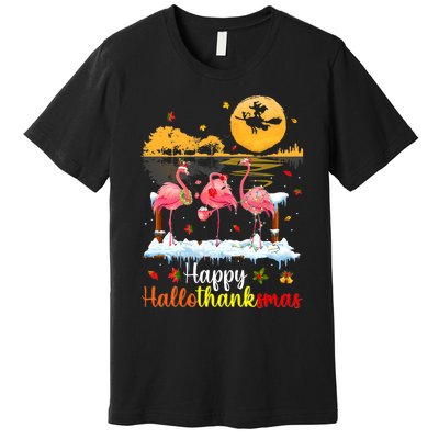 Halloween Thanksgiving Xmas Happy Hallo Thanksmas Flamingo Premium T-Shirt