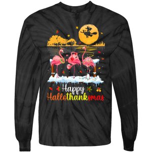 Halloween Thanksgiving Xmas Happy Hallo Thanksmas Flamingo Tie-Dye Long Sleeve Shirt