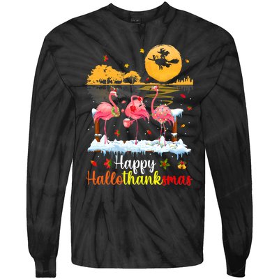 Halloween Thanksgiving Xmas Happy Hallo Thanksmas Flamingo Tie-Dye Long Sleeve Shirt