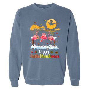 Halloween Thanksgiving Xmas Happy Hallo Thanksmas Flamingo Garment-Dyed Sweatshirt